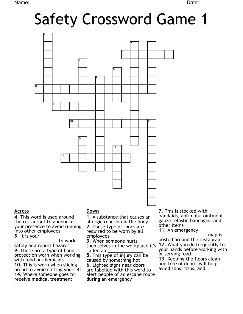 Safety Crossword Game 1