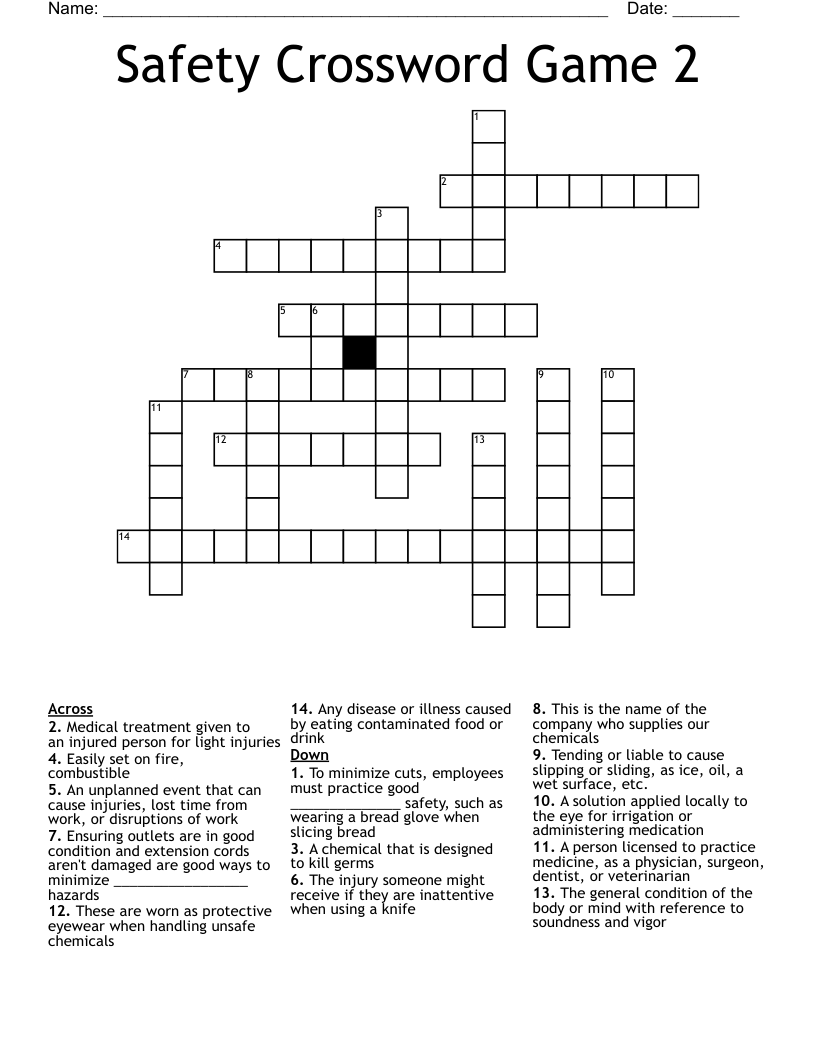 Safety Crossword Game 2