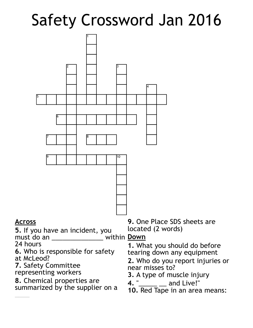 Safety Crossword Jan 2016