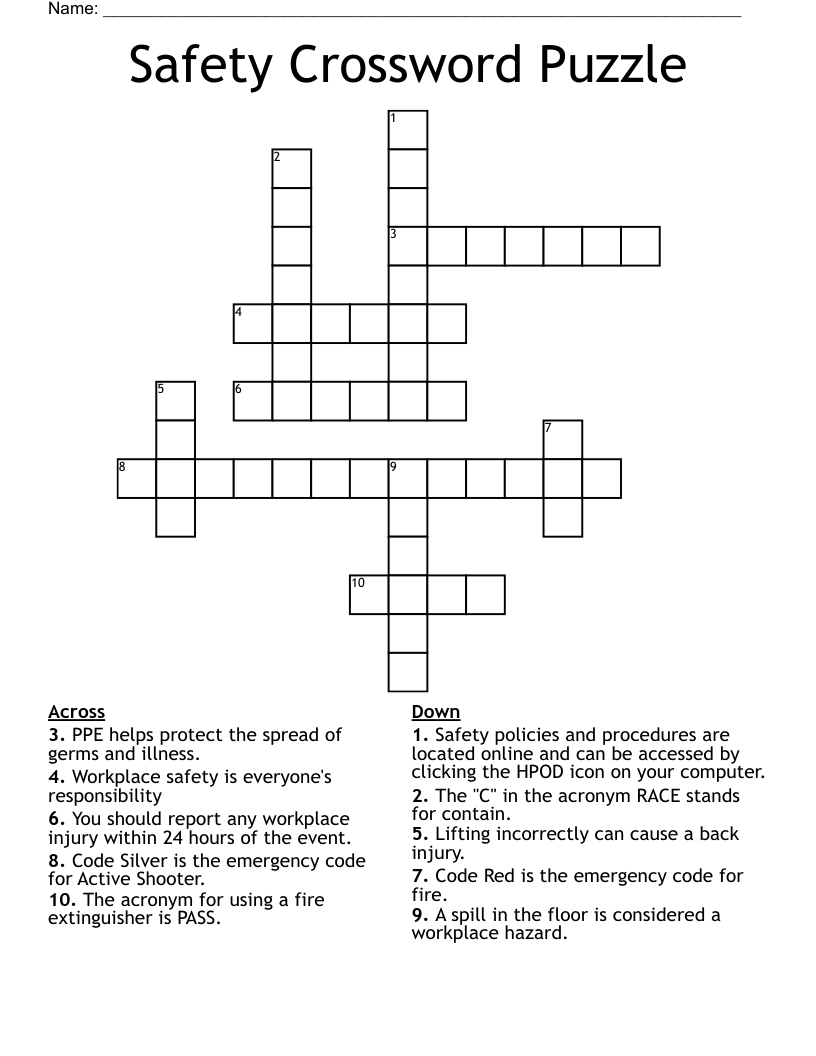 Safety Crossword Puzzle
