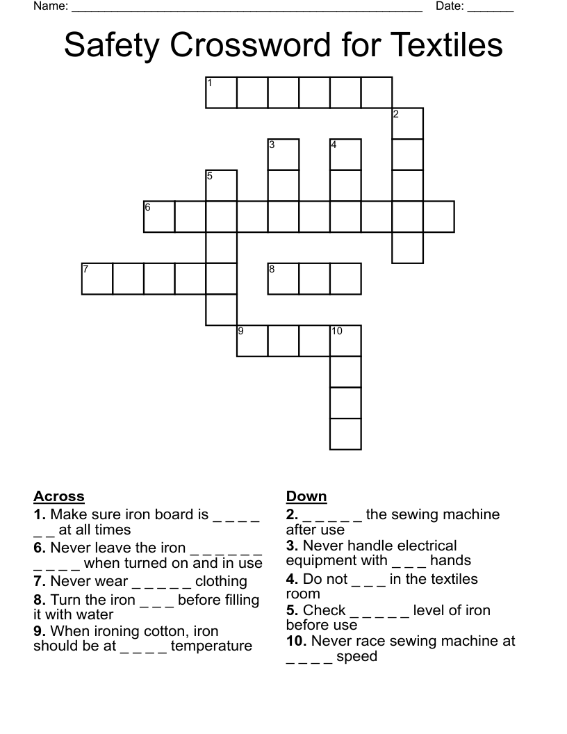 Safety Crossword for Textiles 