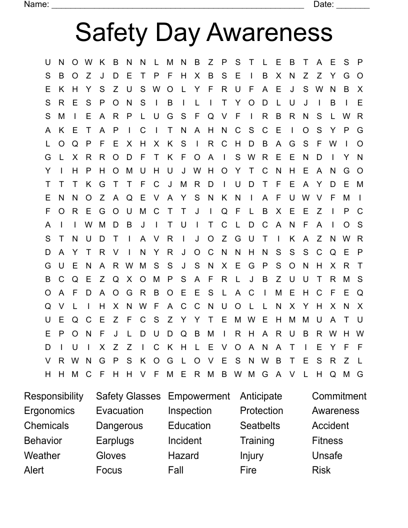 Safety Day Awareness  Word Search