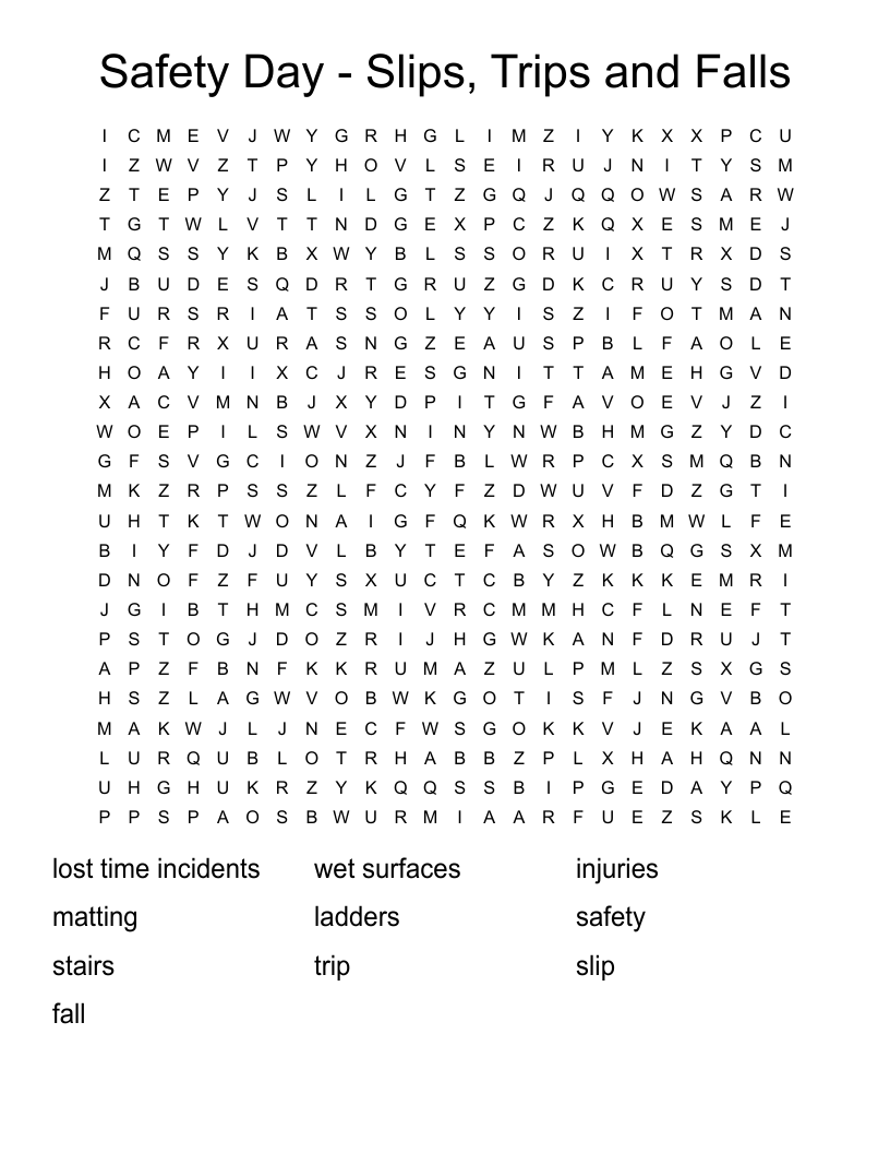 Safety Day - Slips, Trips and Falls  Word Search