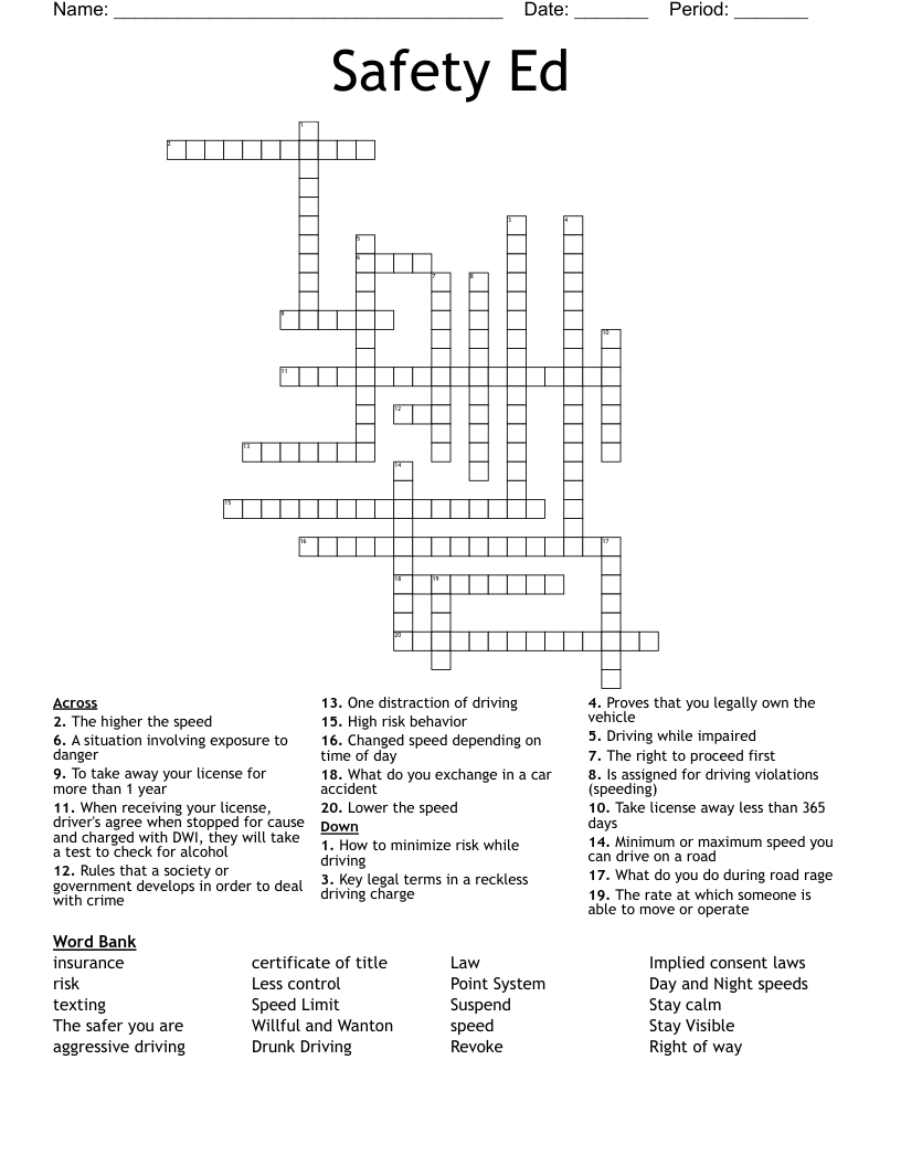 Safety Ed Crossword