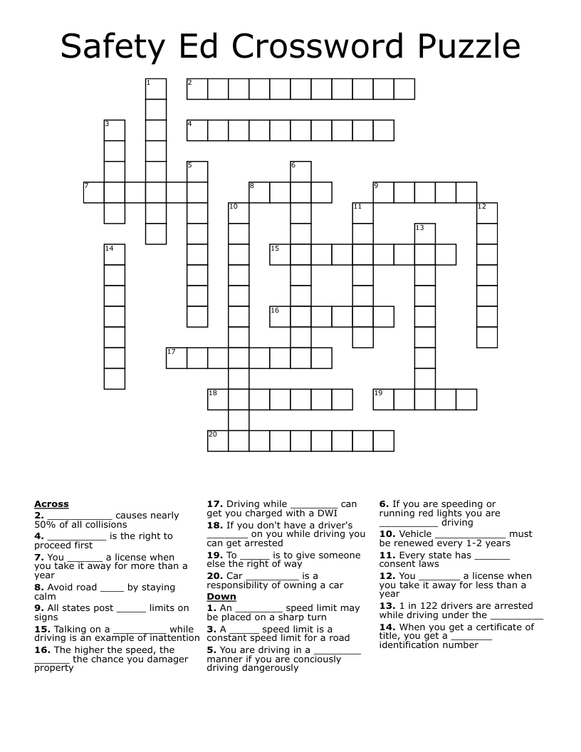 Safety Ed Crossword Puzzle