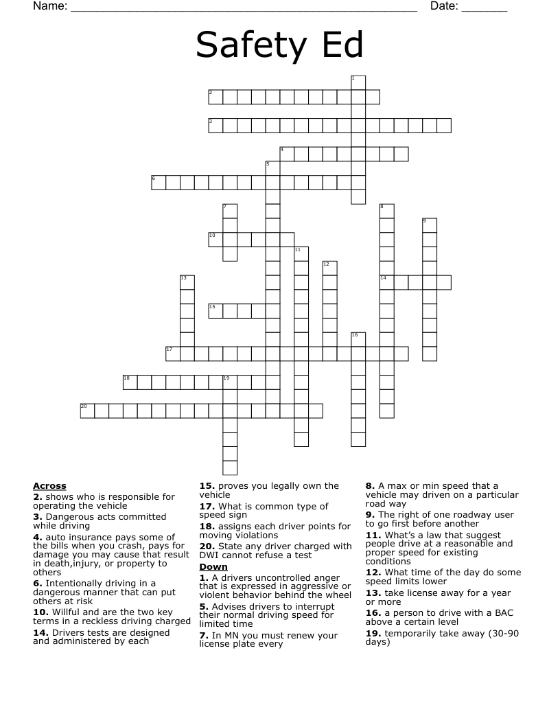 Safety Ed  Crossword