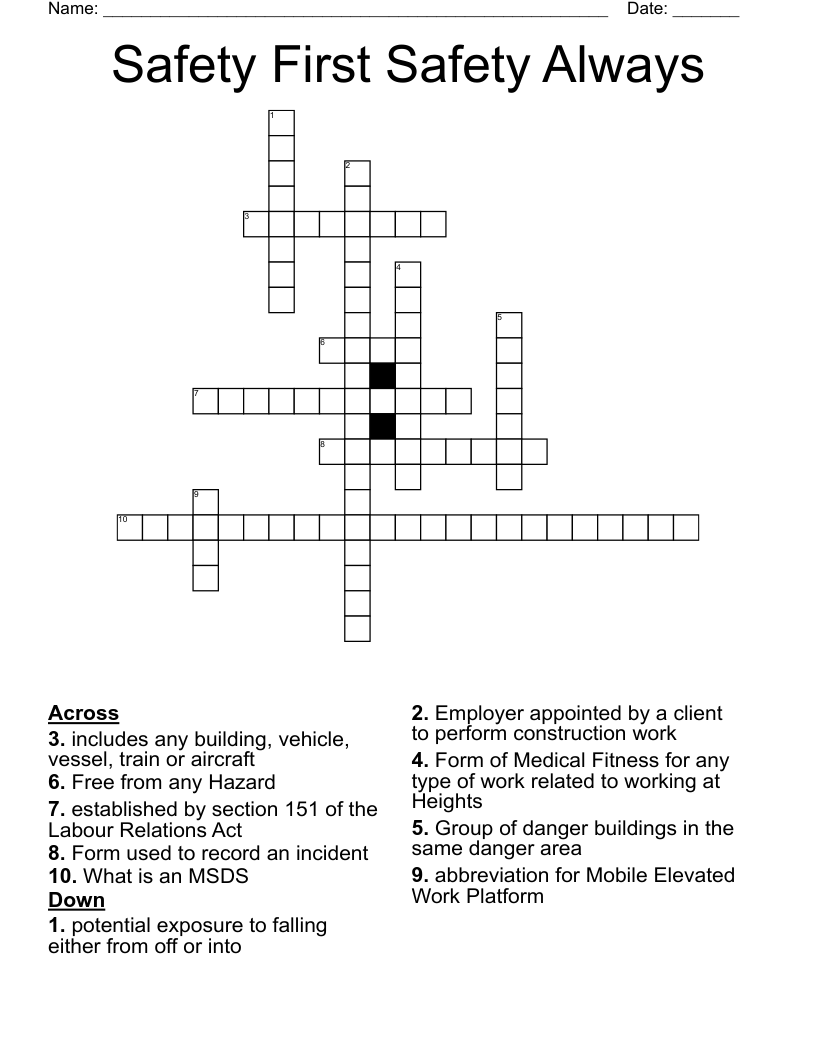 Safety First Safety Always Crossword