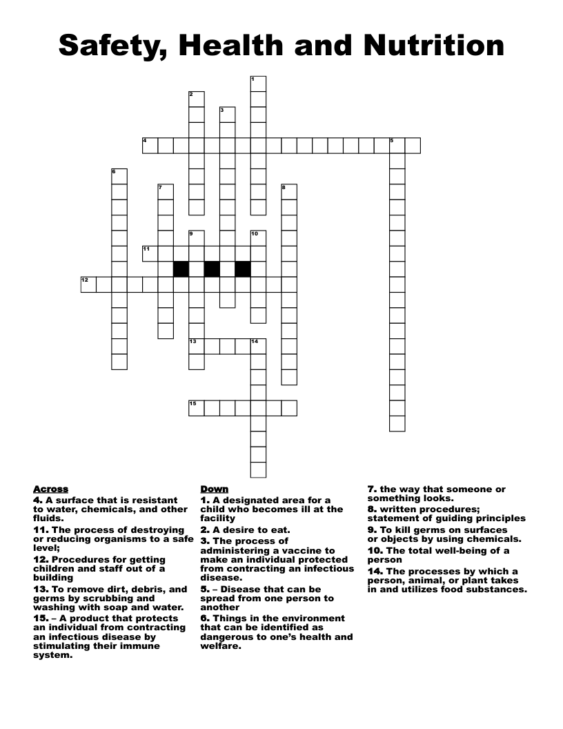 Safety, Health and Nutrition Crossword