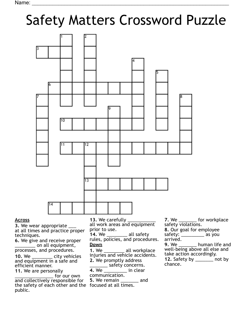 Safety Matters Crossword Puzzle