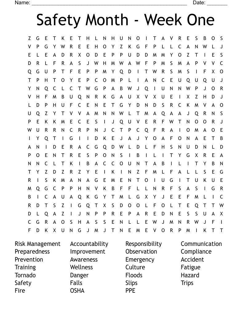 Safety Month -  Week One Word Search