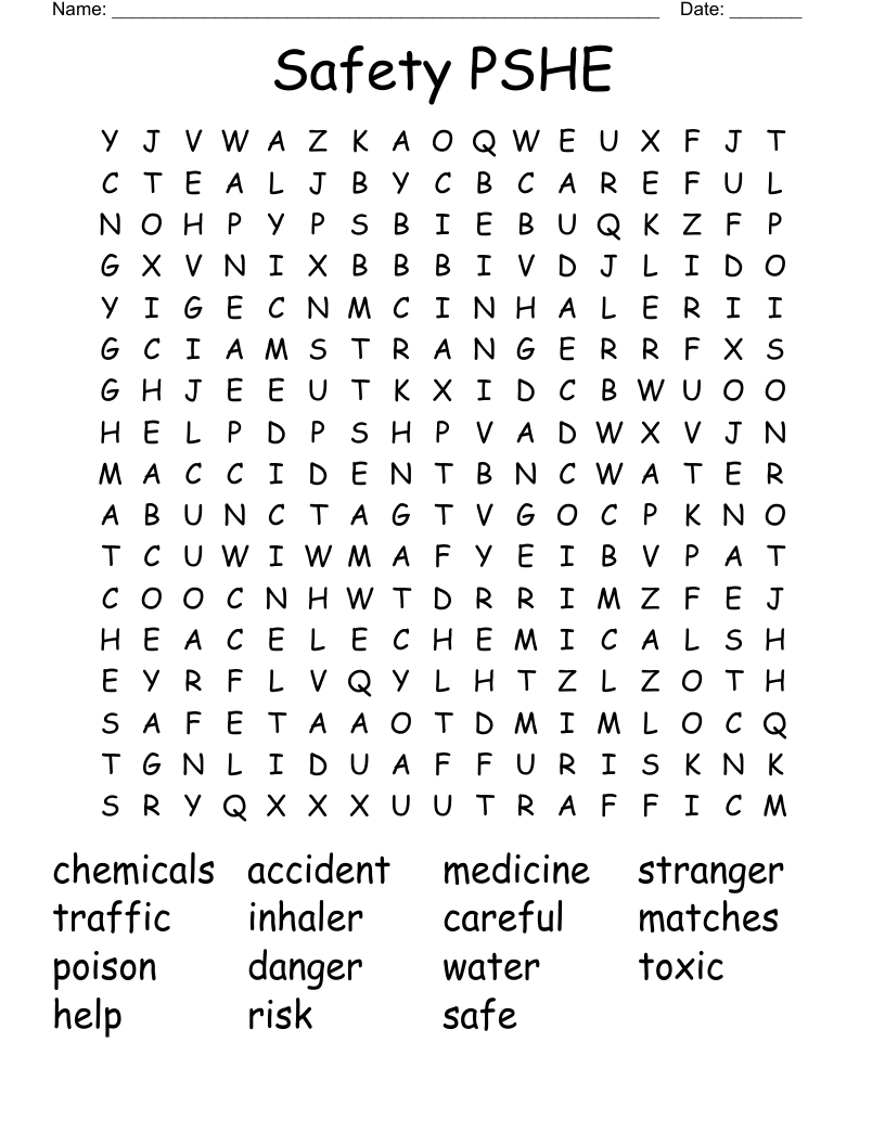 Safety PSHE  Word Search