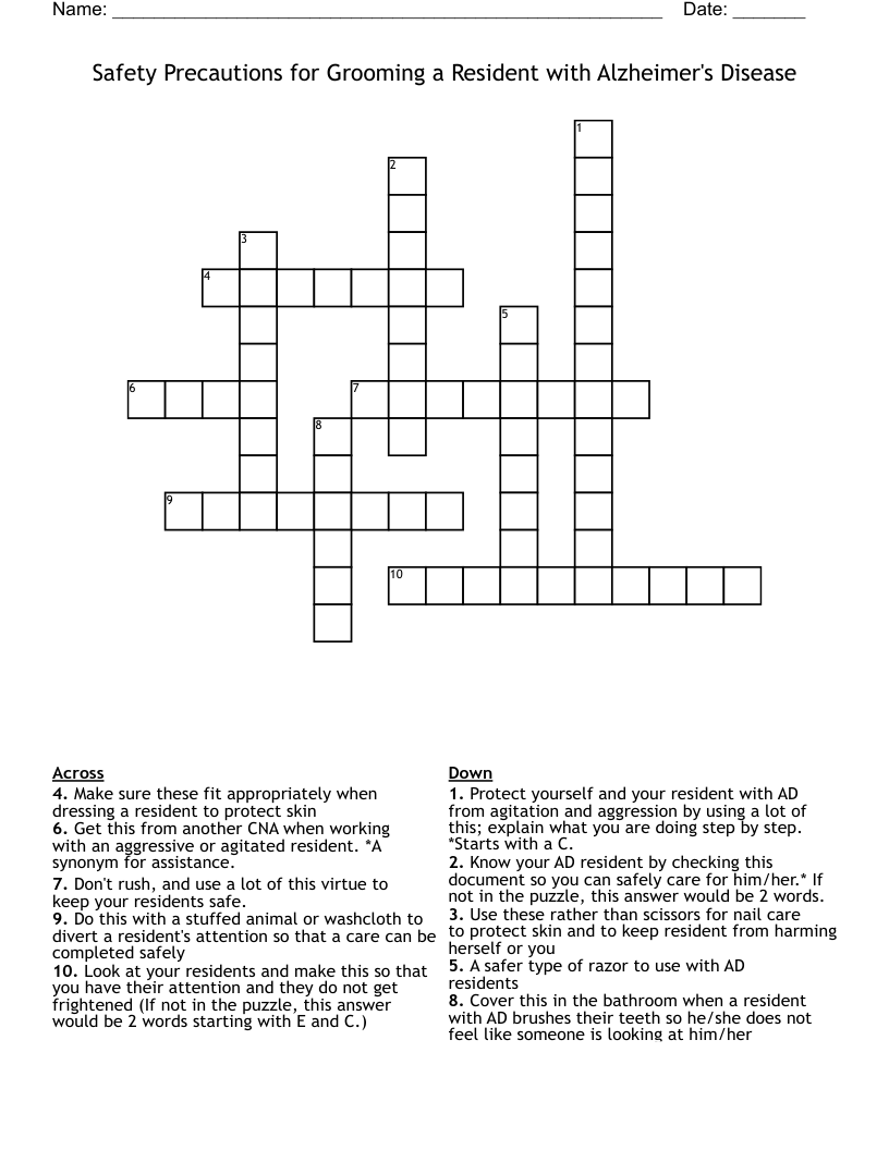 Safety Precautions for Grooming a Resident with Alzheimer's Disease Crossword