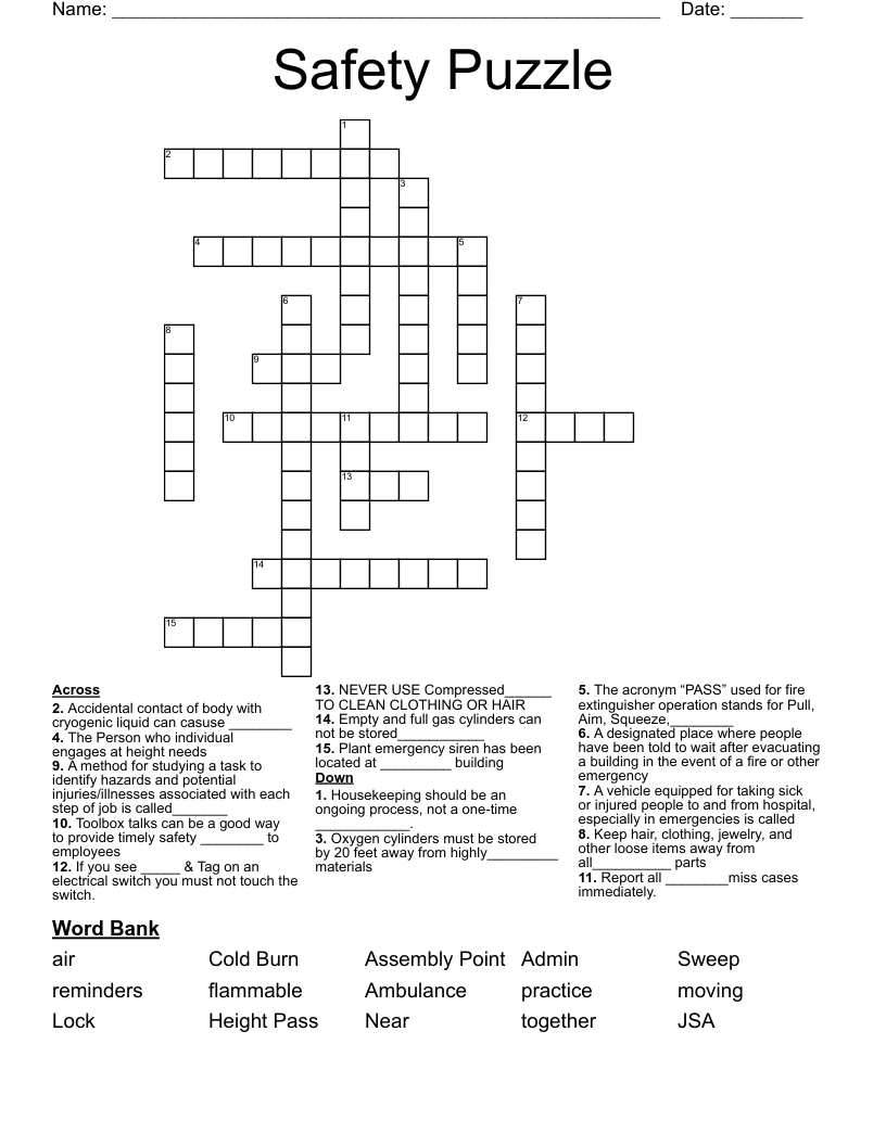 Safety Puzzle Crossword
