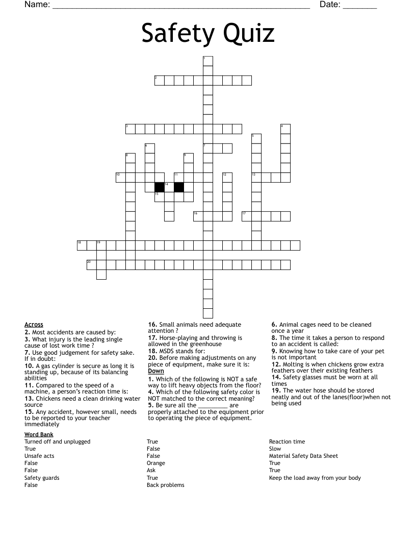 Safety Quiz Crossword
