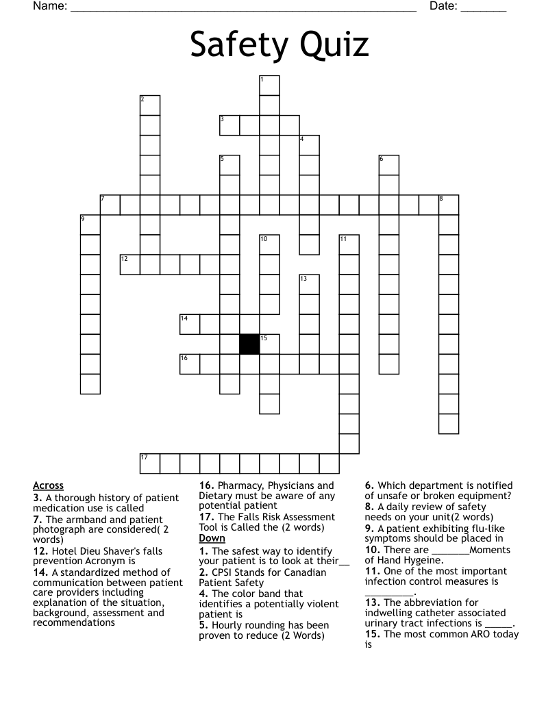 Safety Quiz Crossword