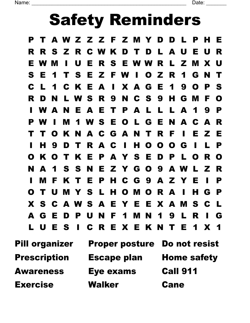 Safety Reminders Word Search