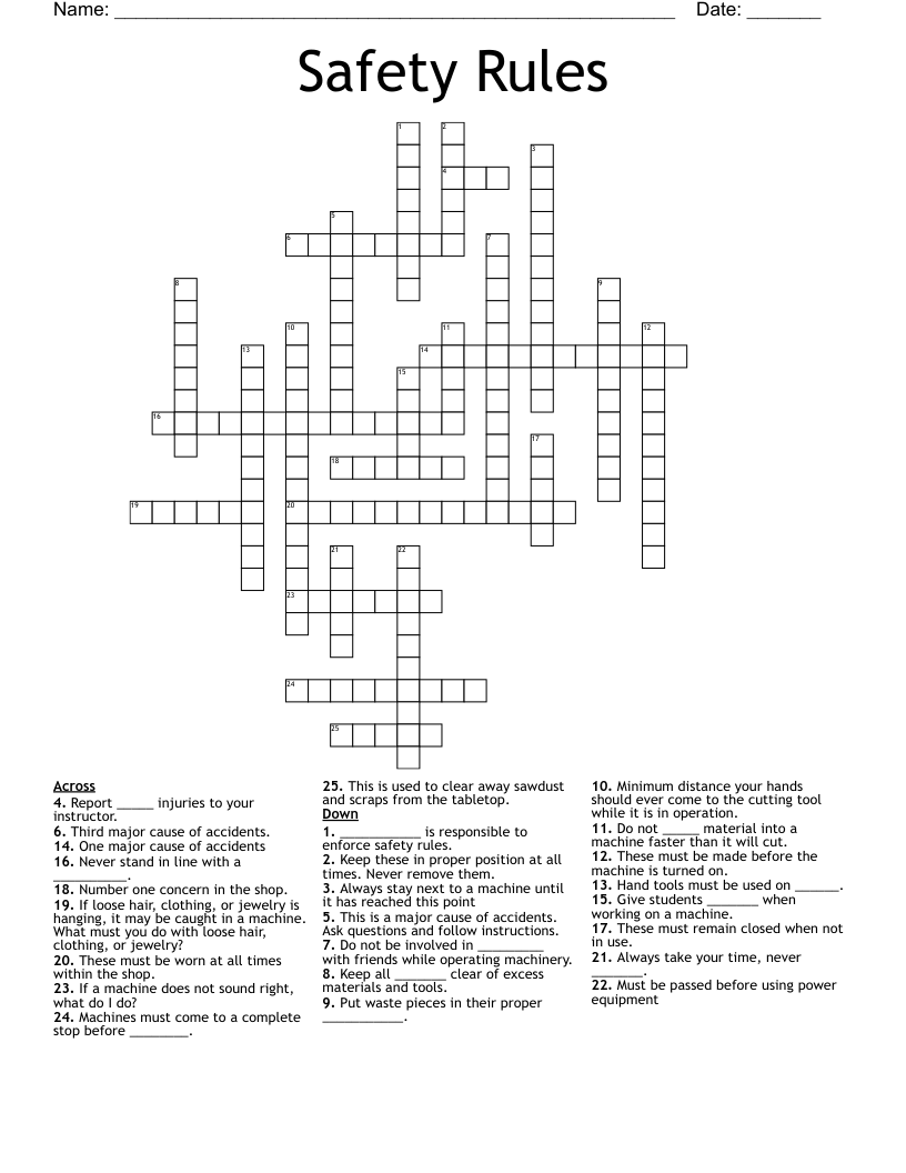 Safety Rules Crossword