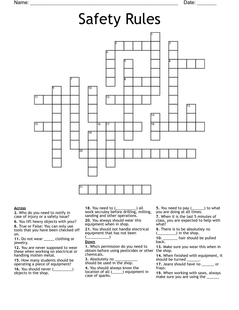 Safety Rules  Crossword