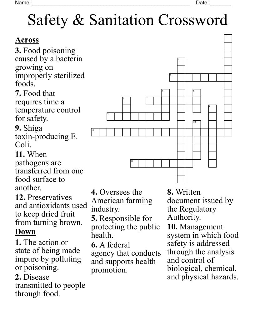 Safety & Sanitation Crossword
