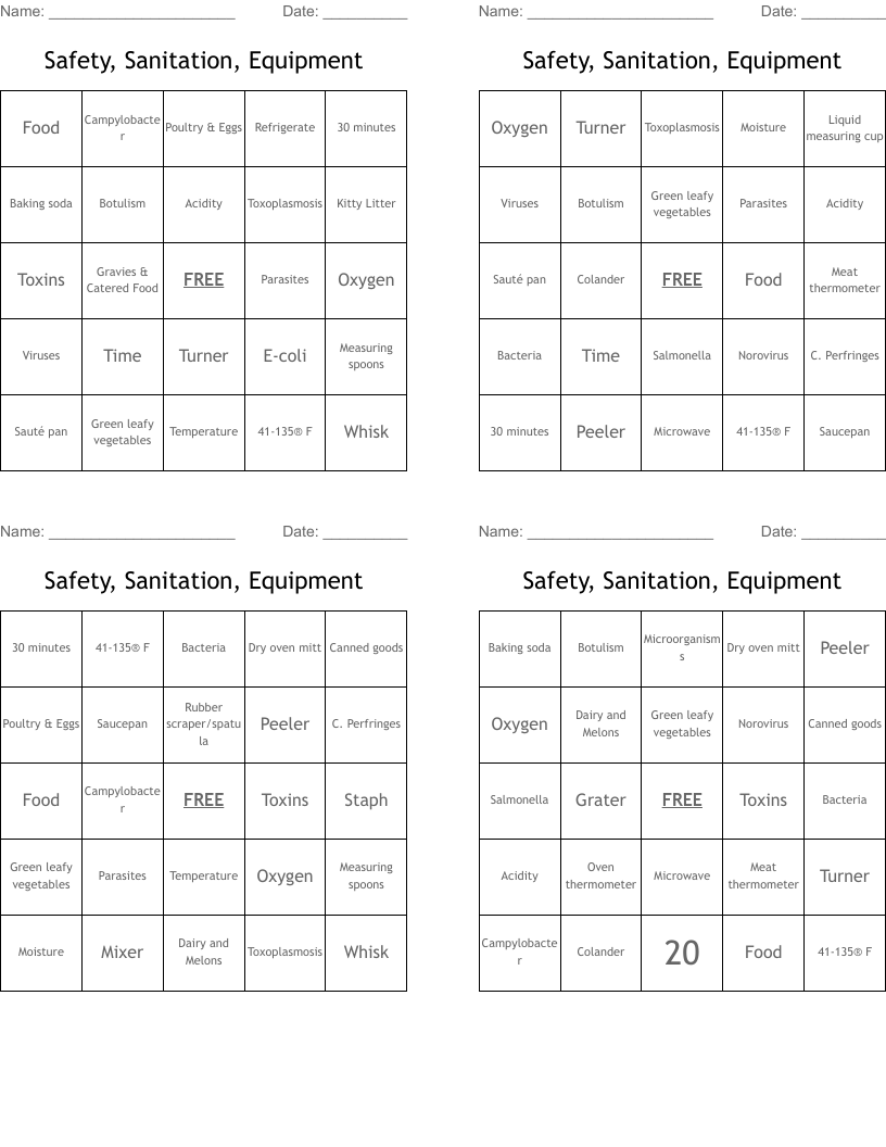 Safety, Sanitation, Equipment  Bingo Cards