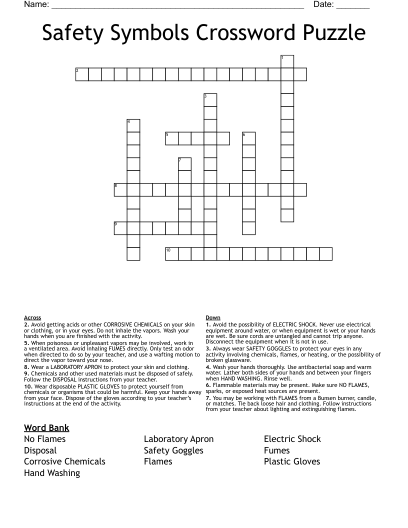 Safety Symbols Crossword Puzzle