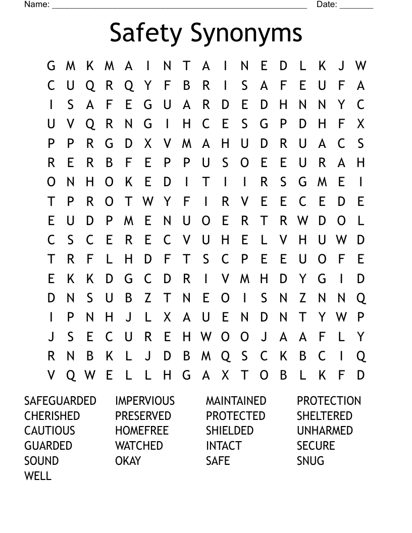 Safety Synonyms Word Search