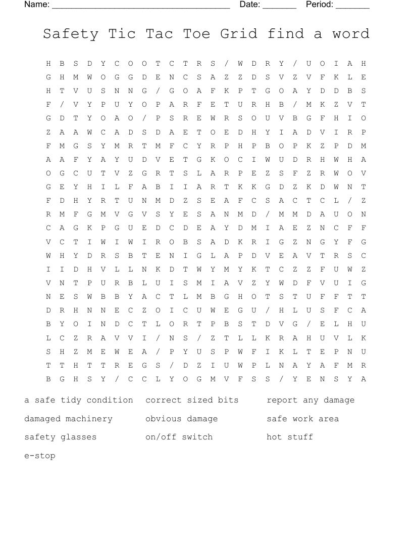 Safety Tic Tac Toe Grid find a word Word Search