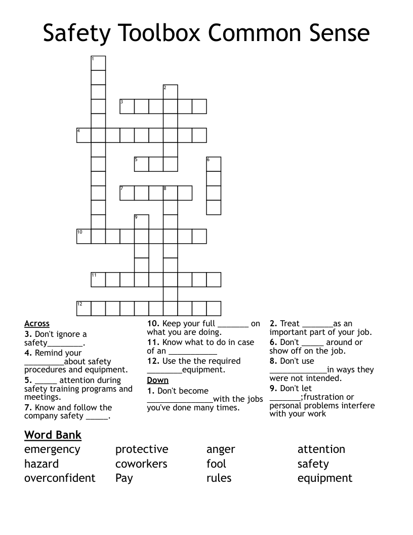 Safety Toolbox Common Sense Crossword
