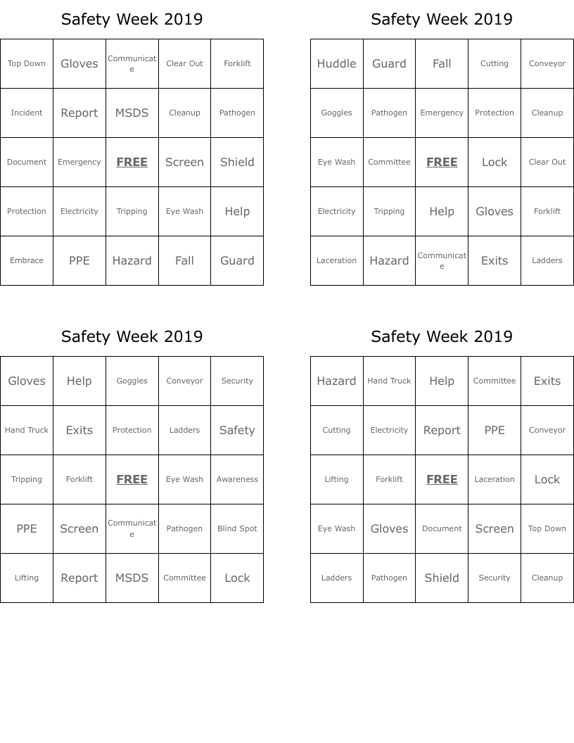 Safety Week 2019 Bingo Cards