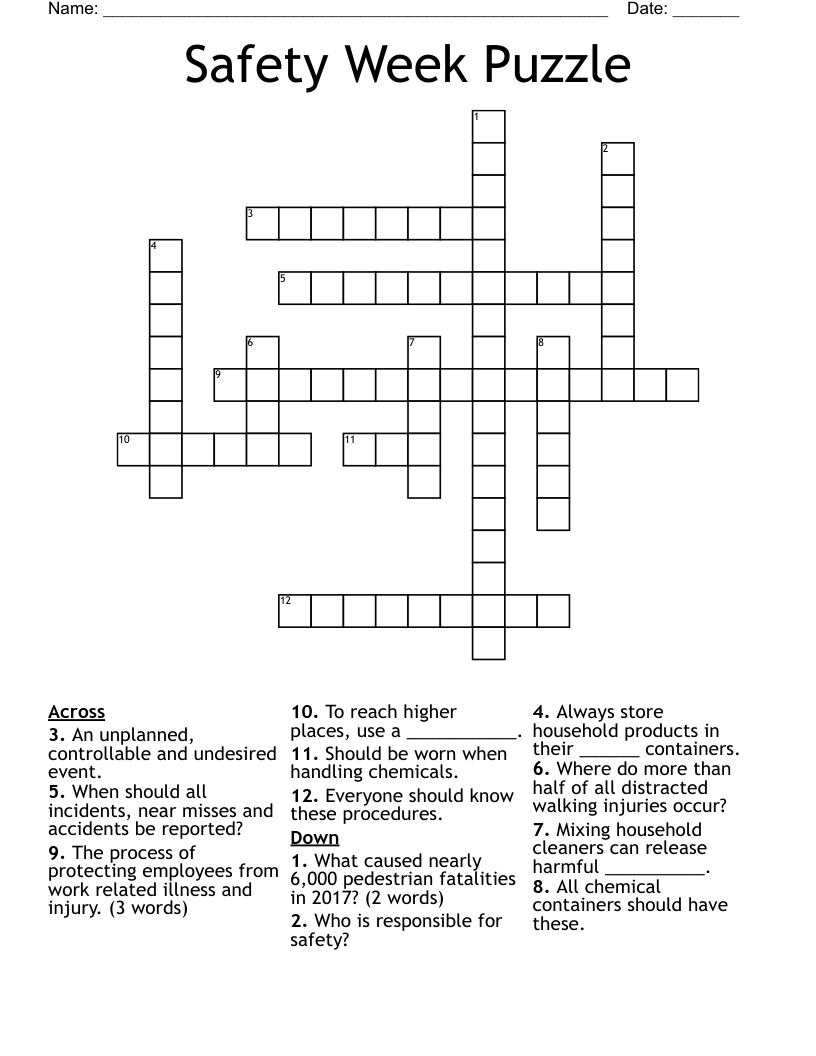 Safety Week Puzzle Crossword