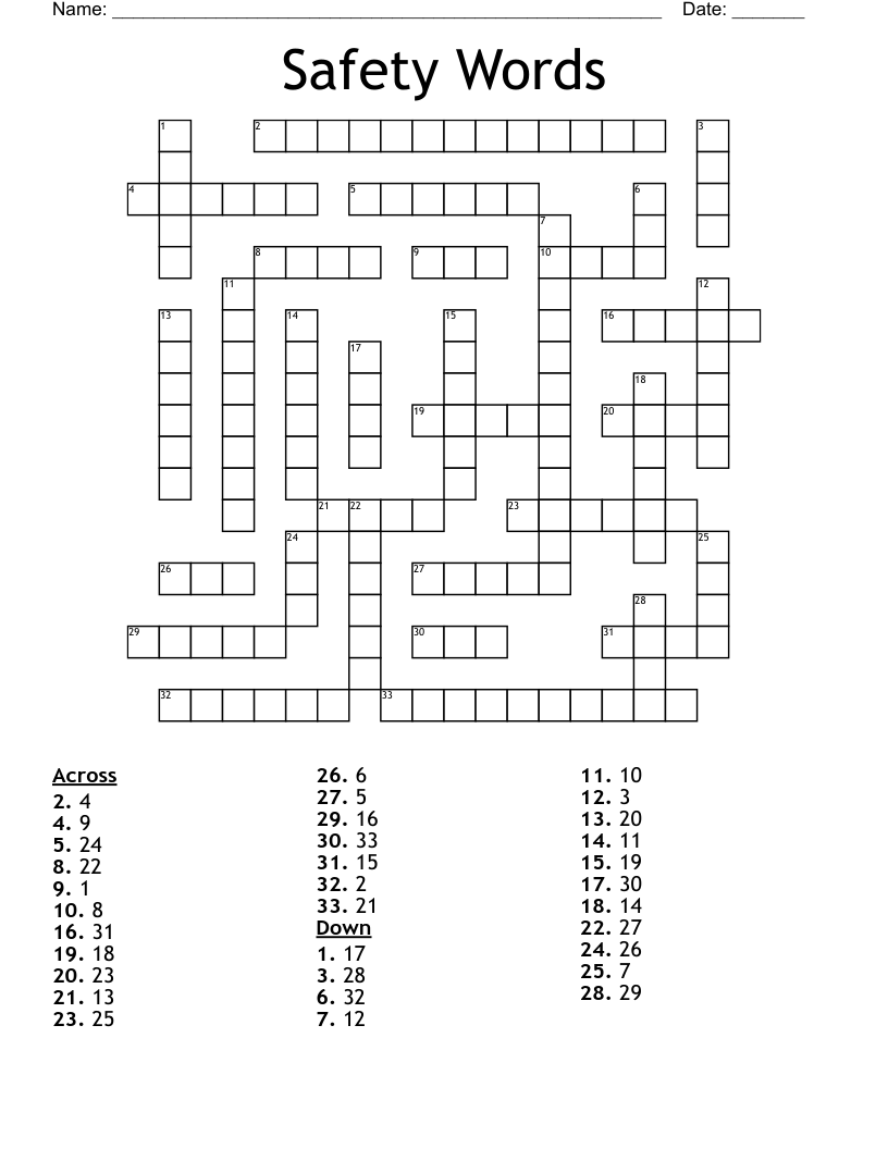 Safety Words Crossword