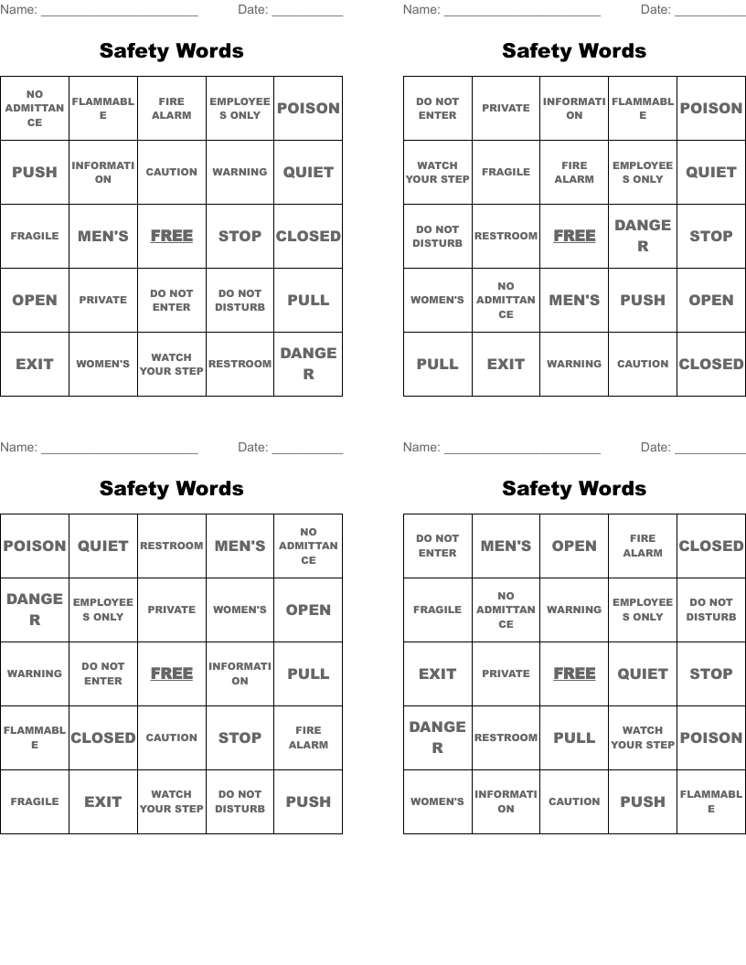 Safety Words Bingo Cards