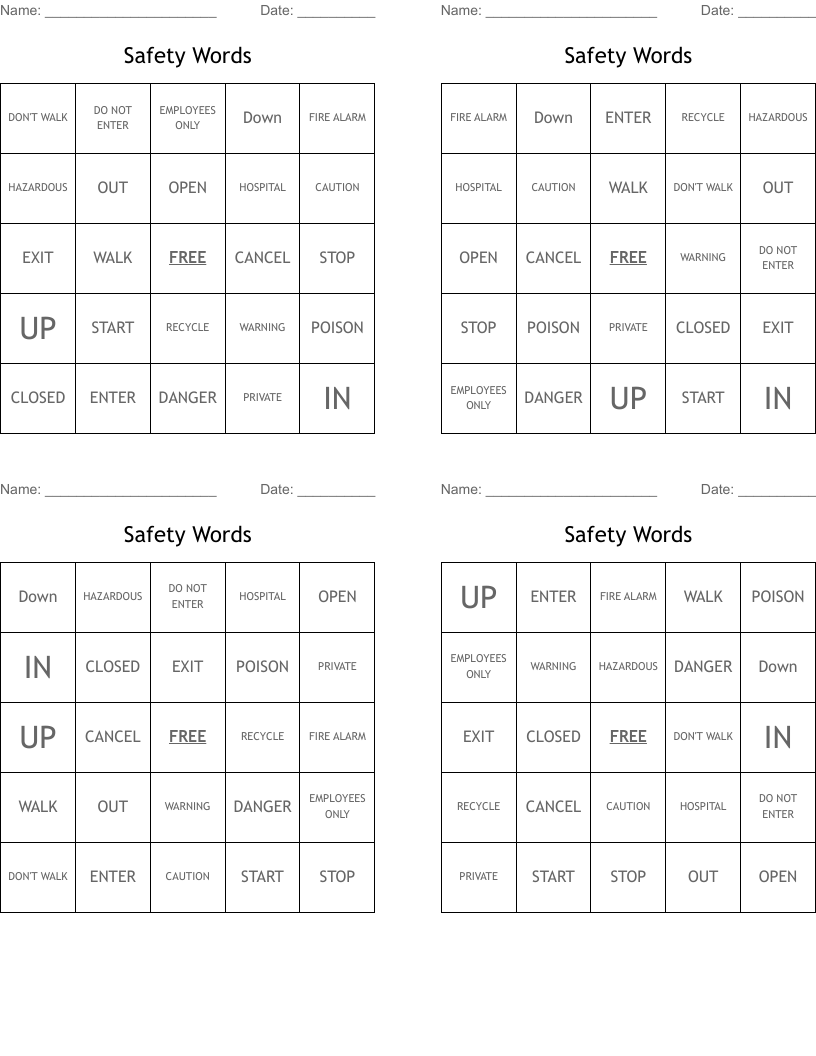 Safety Words Bingo Cards