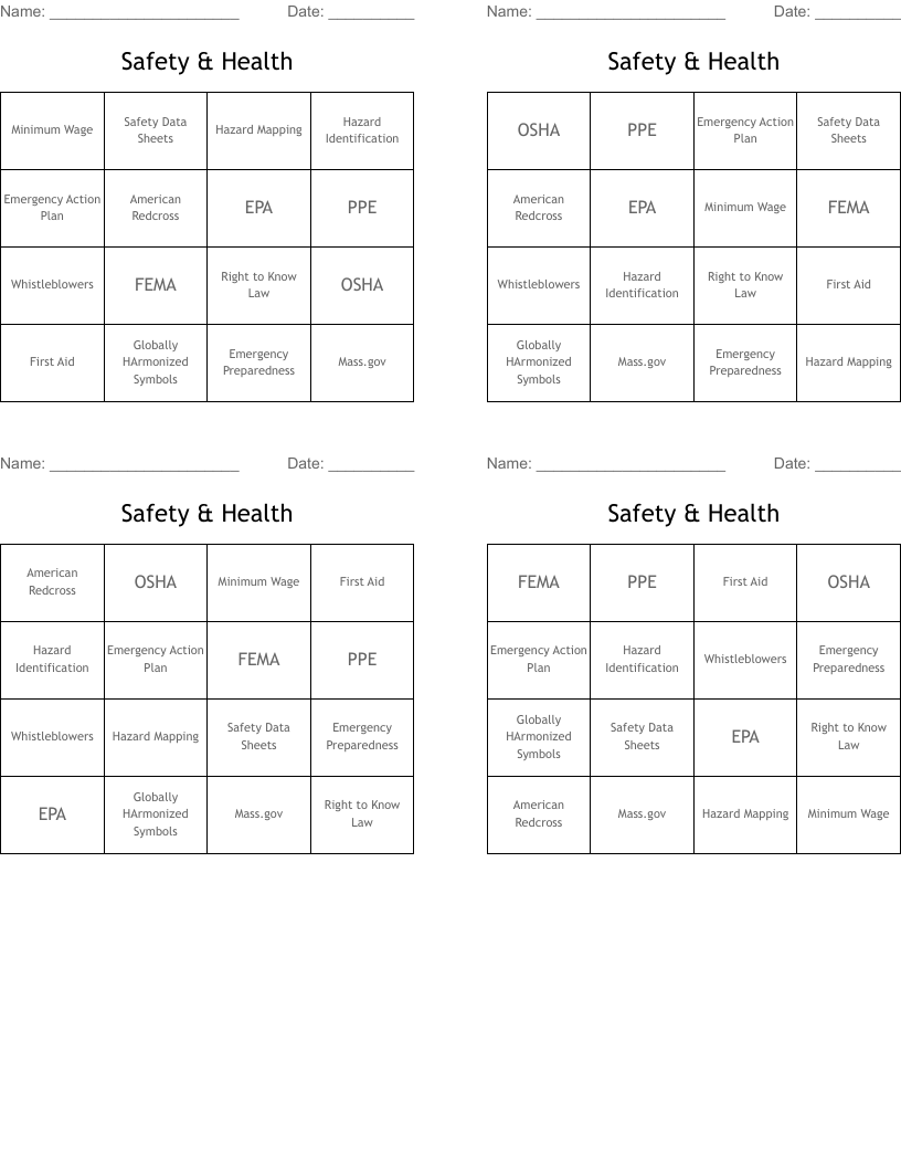 Safety & Health Bingo Cards