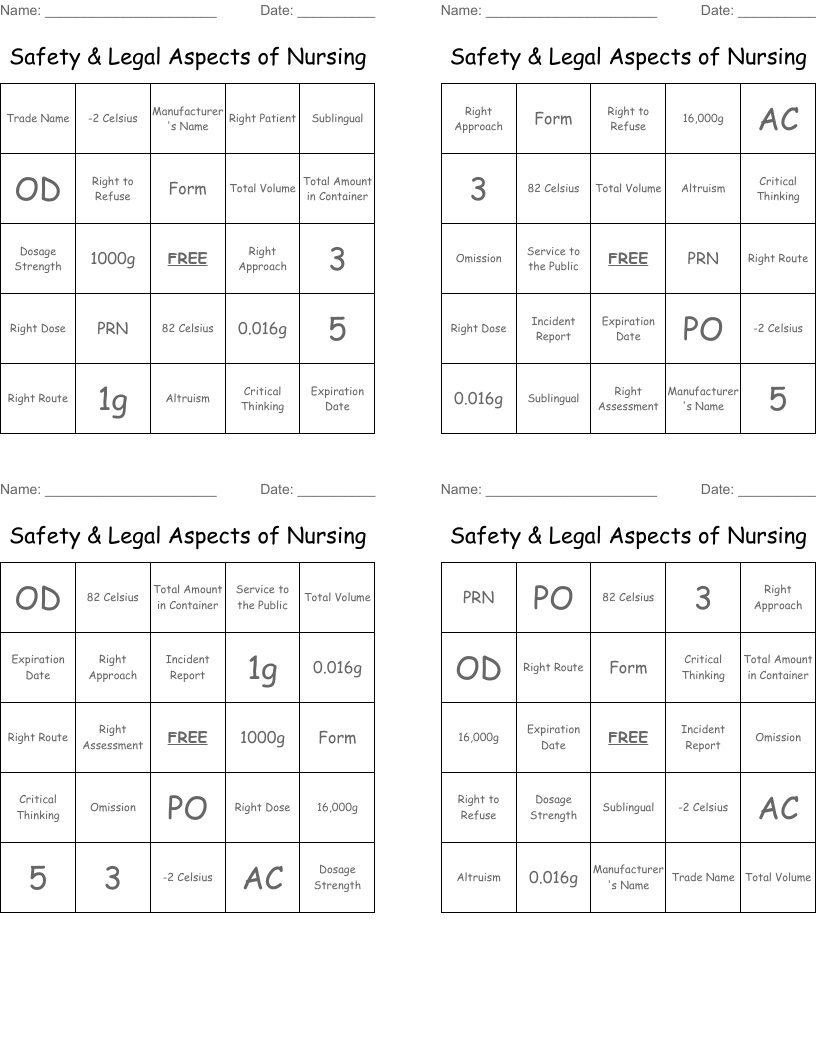 Safety & Legal Aspects of Nursing Bingo Cards