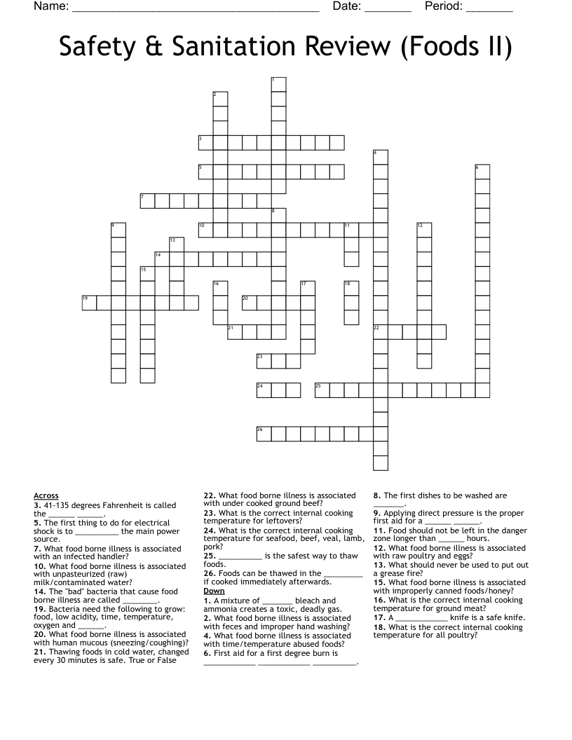 Safety & Sanitation Review (Foods II) Crossword