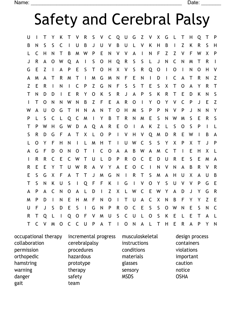 Safety and Cerebral Palsy Word Search