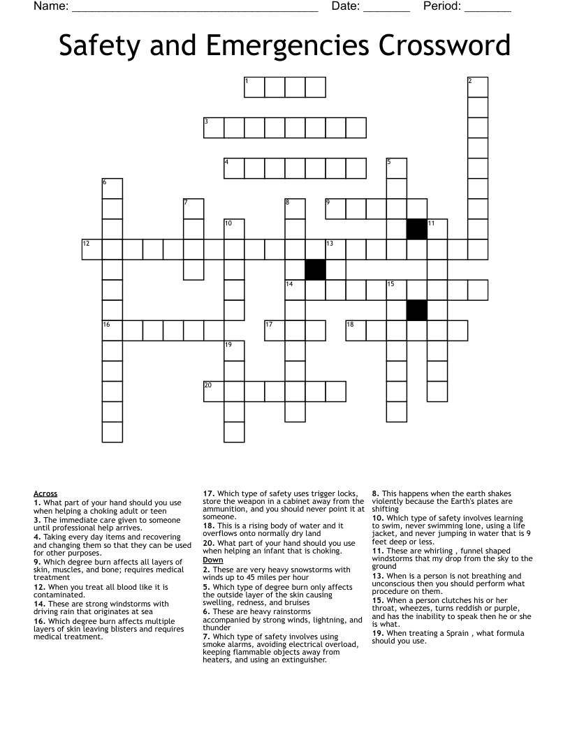 Safety and Emergencies Crossword