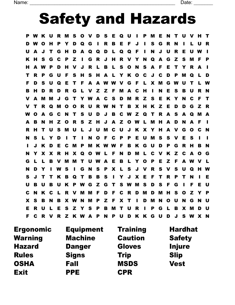 Safety and Hazards Word Search
