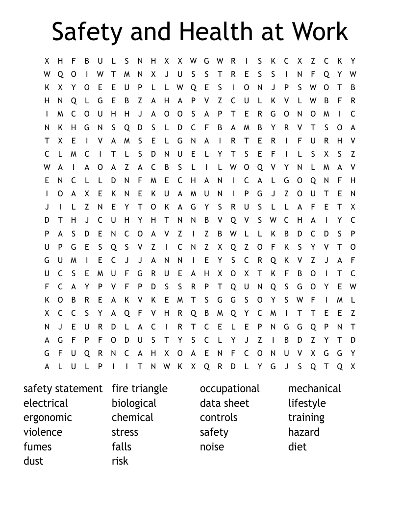 Safety and Health at Work Word Search