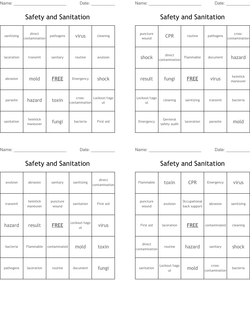 Safety and Sanitation Bingo Cards