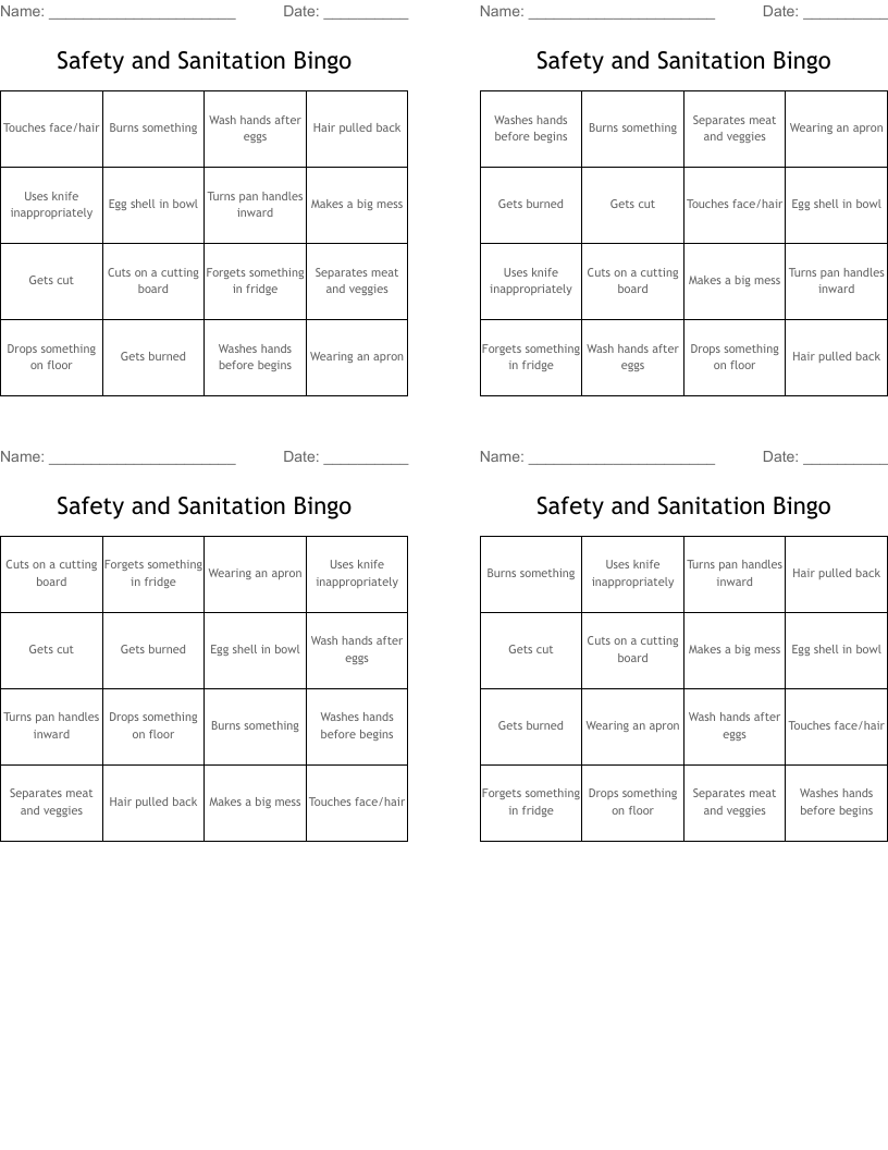 Safety and Sanitation Bingo