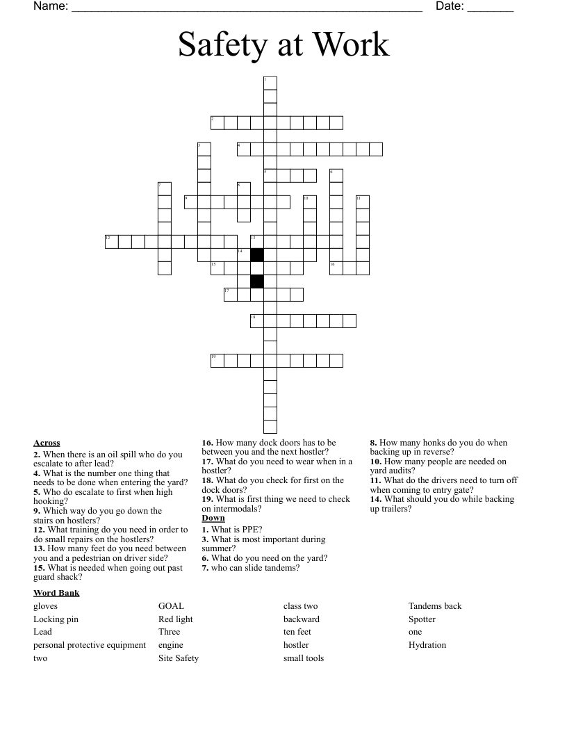 Safety at Work Crossword