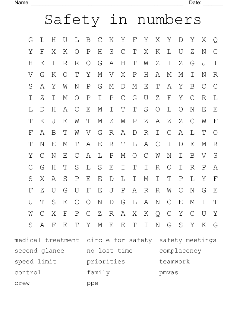 Safety in numbers Word Search