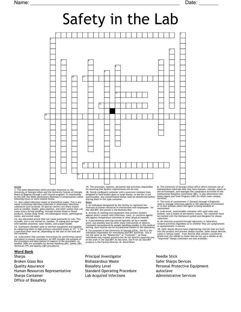 Safety in the Lab  Crossword