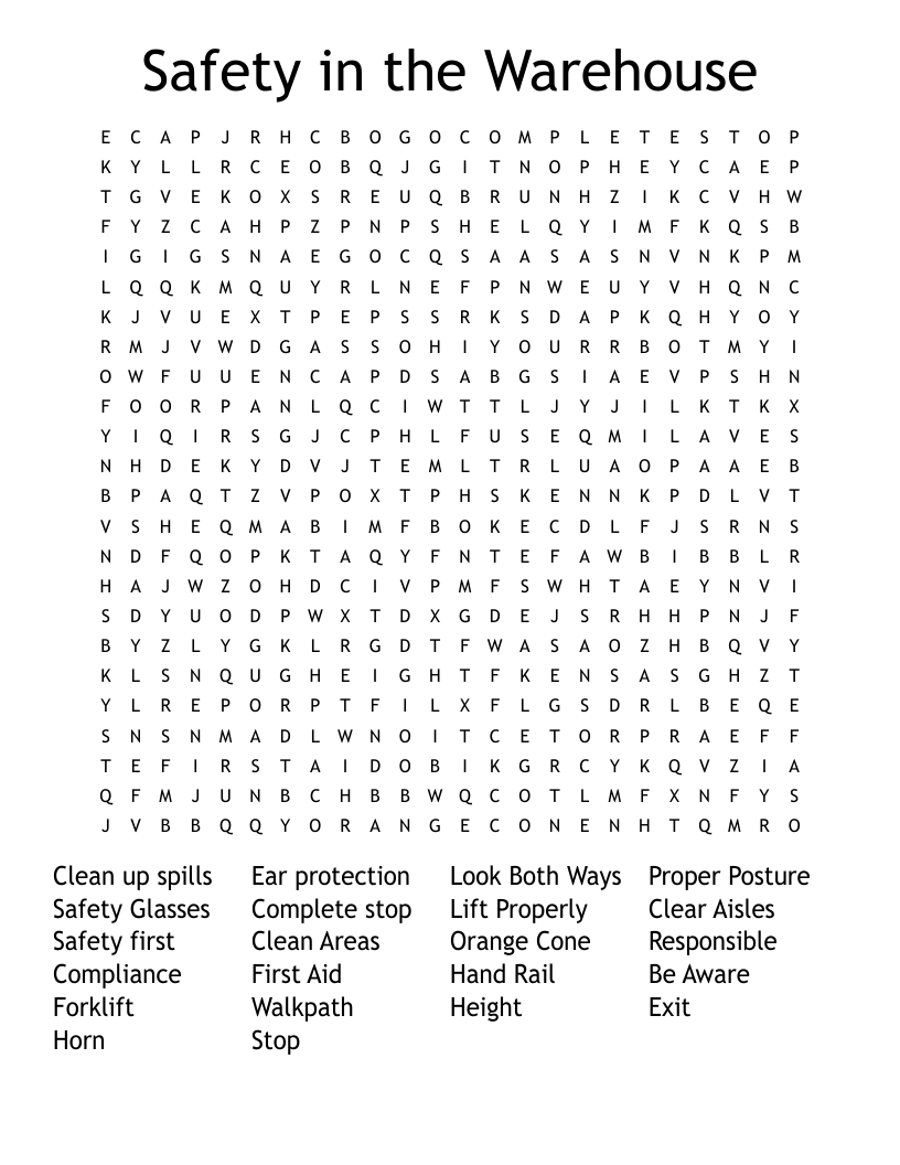 Safety in the Warehouse Word Search