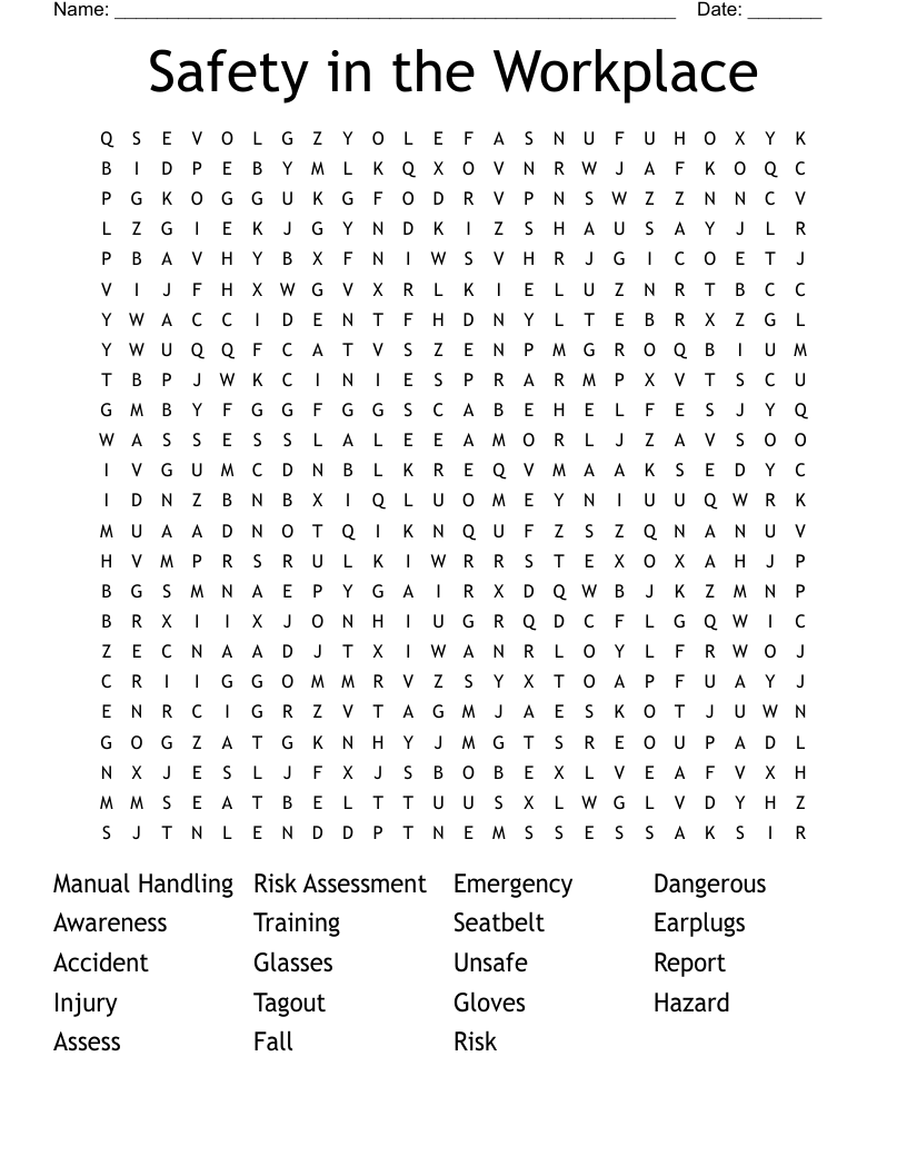 Safety in the Workplace Word Search