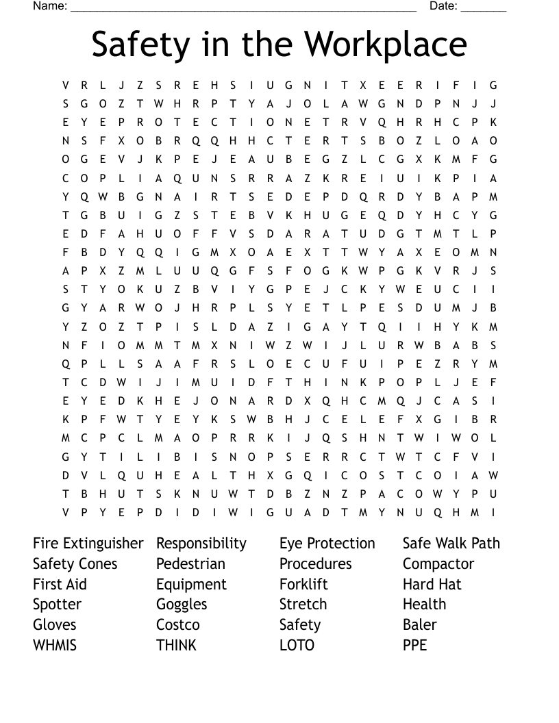 Safety in the Workplace Word Search