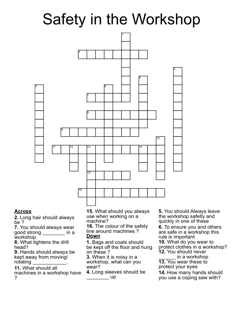 Safety in the Workshop Crossword