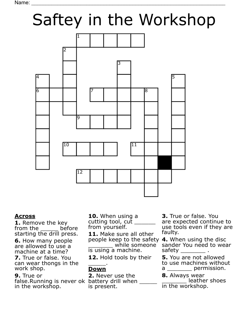 Saftey in the Workshop Crossword